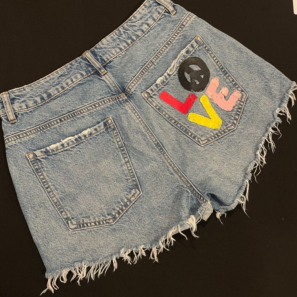 ~ Garage Sz 7 Festival Jean Shorts LOVE Peace Sign Boho Cut Off Denim Fray Med